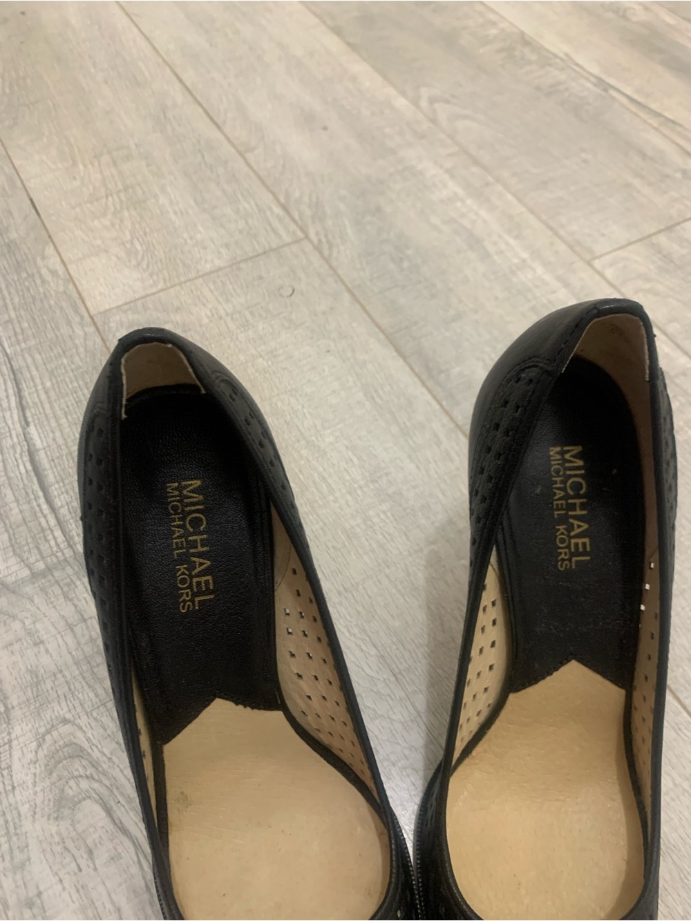 Michael Kors Black Perforated Leather Slip-On Flats with Gold Logo Insole
